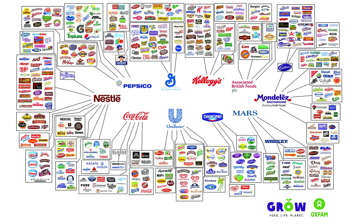 Ten companies control most of the food and drinks found in the grocery store.