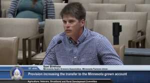 Sam Birkholz, co-owner of Pleasant Valley Orchard in Shafer, testified in support of Sen. Heather Gustafson's bill to increase funding for the Minnesota Grown program.